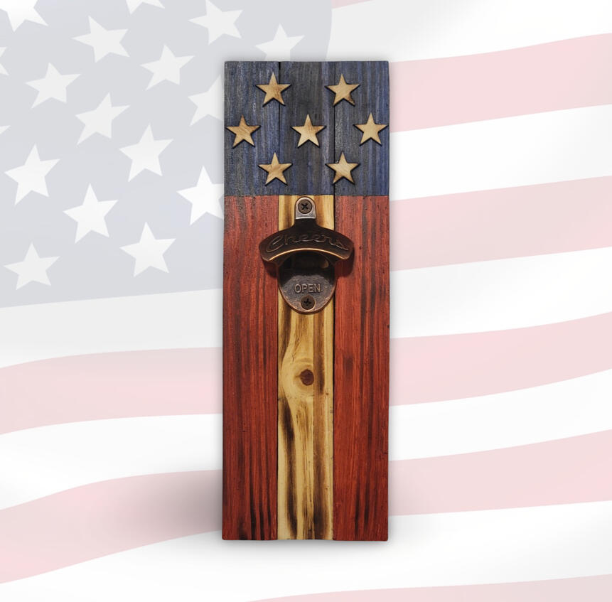 Rustic handcrafted wooden American flag bottle opener with stars and stripes design, patriotic wall-mounted home décor by Faith and Freedom Woodworks.