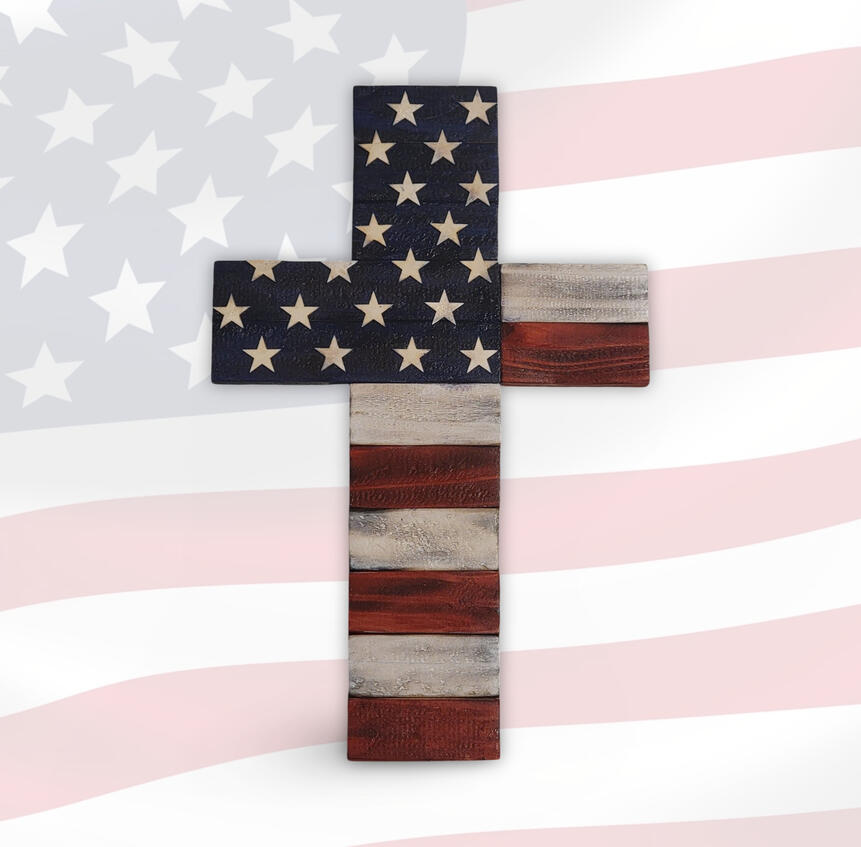 Handcrafted wooden cross with natural rustic American flag design, featuring stars and stripes, patriotic faith-based décor by Faith and Freedom Woodworks.