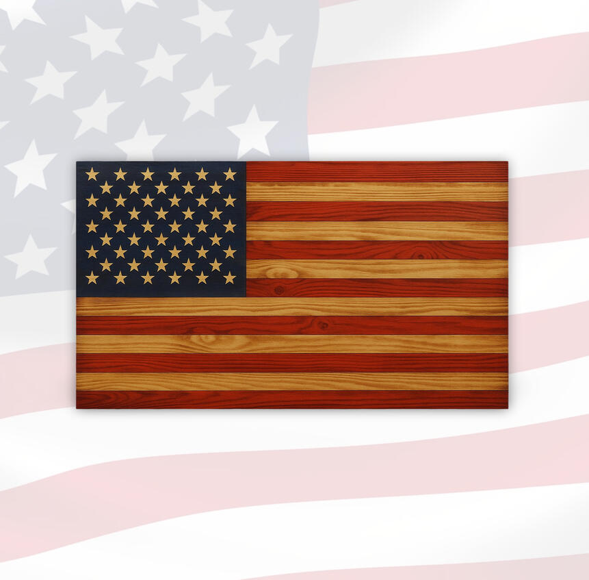 A handcrafted rustic American flag made from wood, featuring natural red and light woodgrain stripes with a dark blue union and 50 stars.
