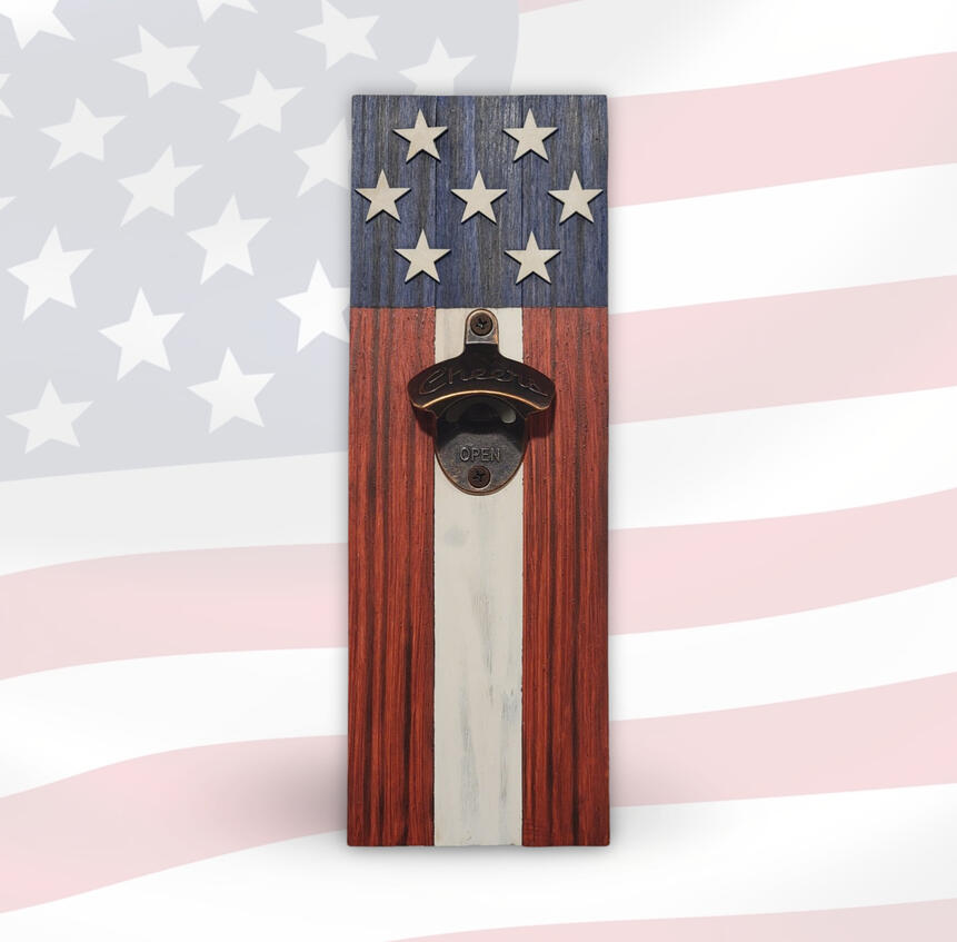 Handcrafted wooden American flag bottle opener with stars and stripes design, rustic patriotic home décor piece by Faith and Freedom Woodworks.