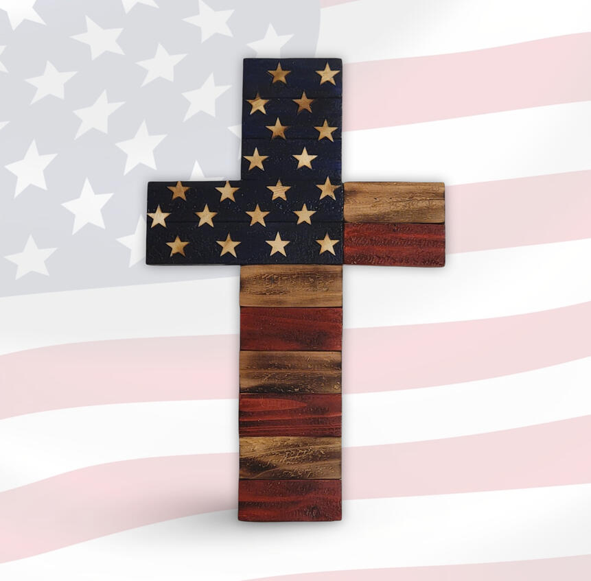 Handcrafted wooden cross with rustic American flag design, featuring stars and stripes, faith-inspired patriotic décor by Faith and Freedom Woodworks.