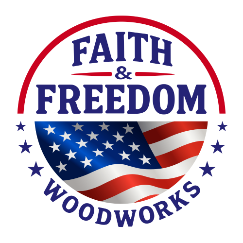 Faith & Freedom Woodworks circular logo featuring bold text and a waving American flag with stars and stripes.