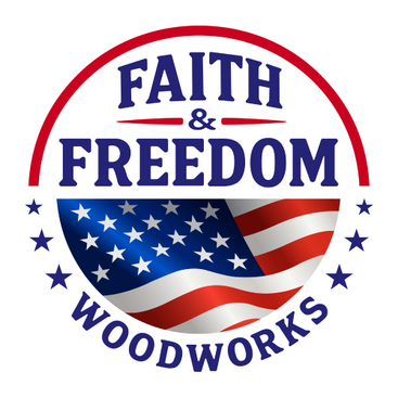 Faith & Freedom Woodworks circular logo featuring bold text and a waving American flag with stars and stripes.